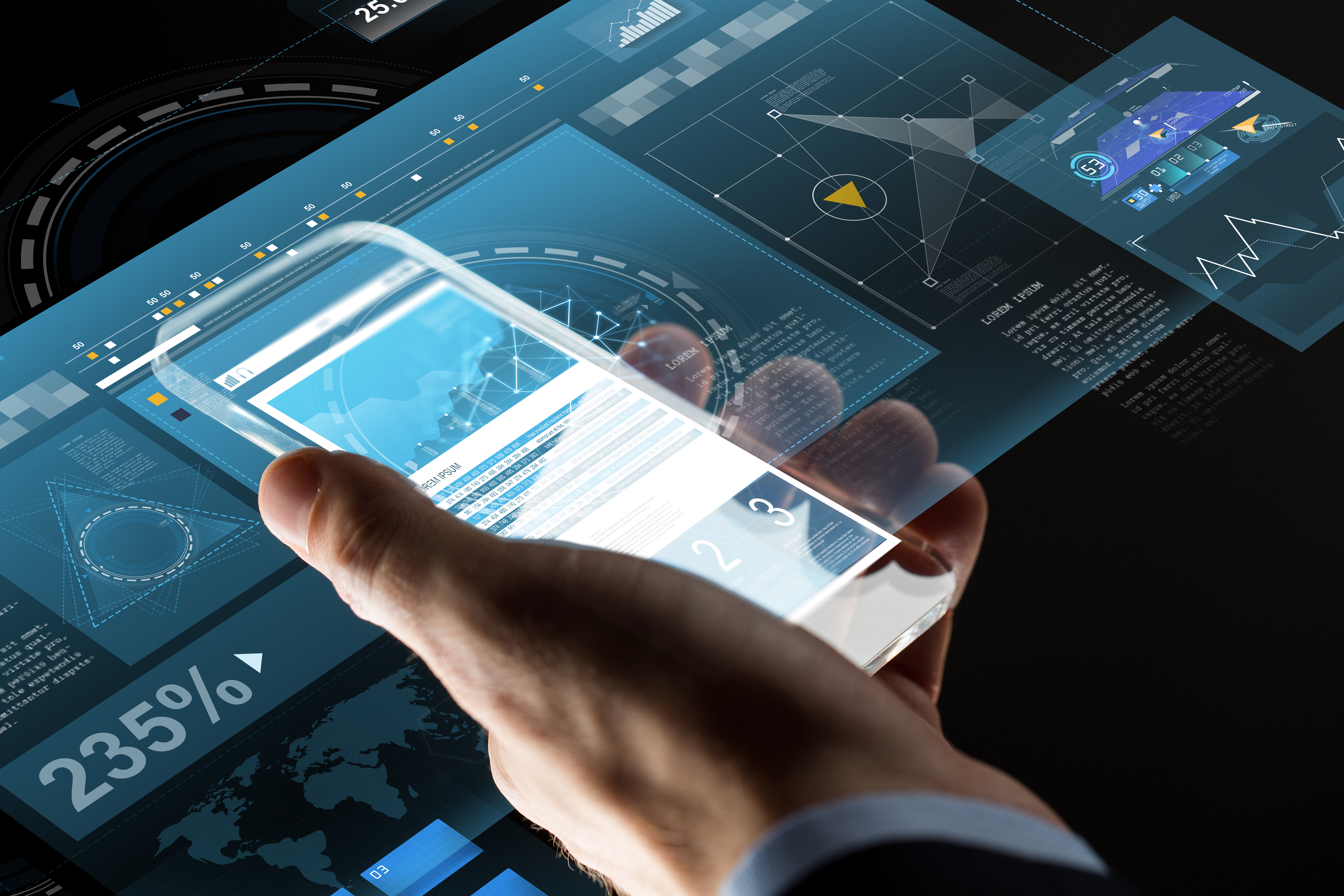 Close up of businessman with charts on smartphone